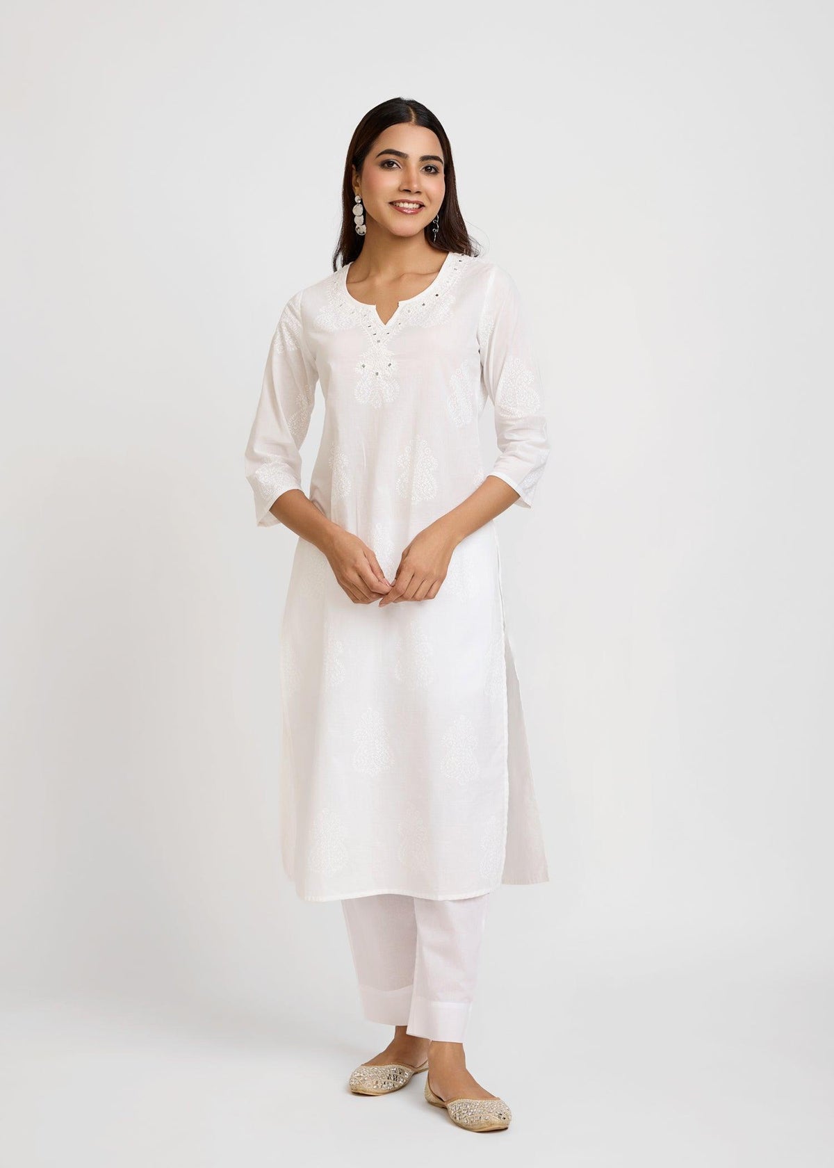 White Cotton Straight Kurta with Khadi Print & Embroidery