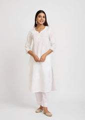 White Cotton Straight Kurta with Khadi Print & Embroidery