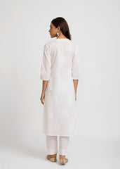 White Cotton Straight Kurta with Khadi Print & Embroidery