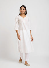 White Cotton Straight Kurta with Khadi Print & Embroidery