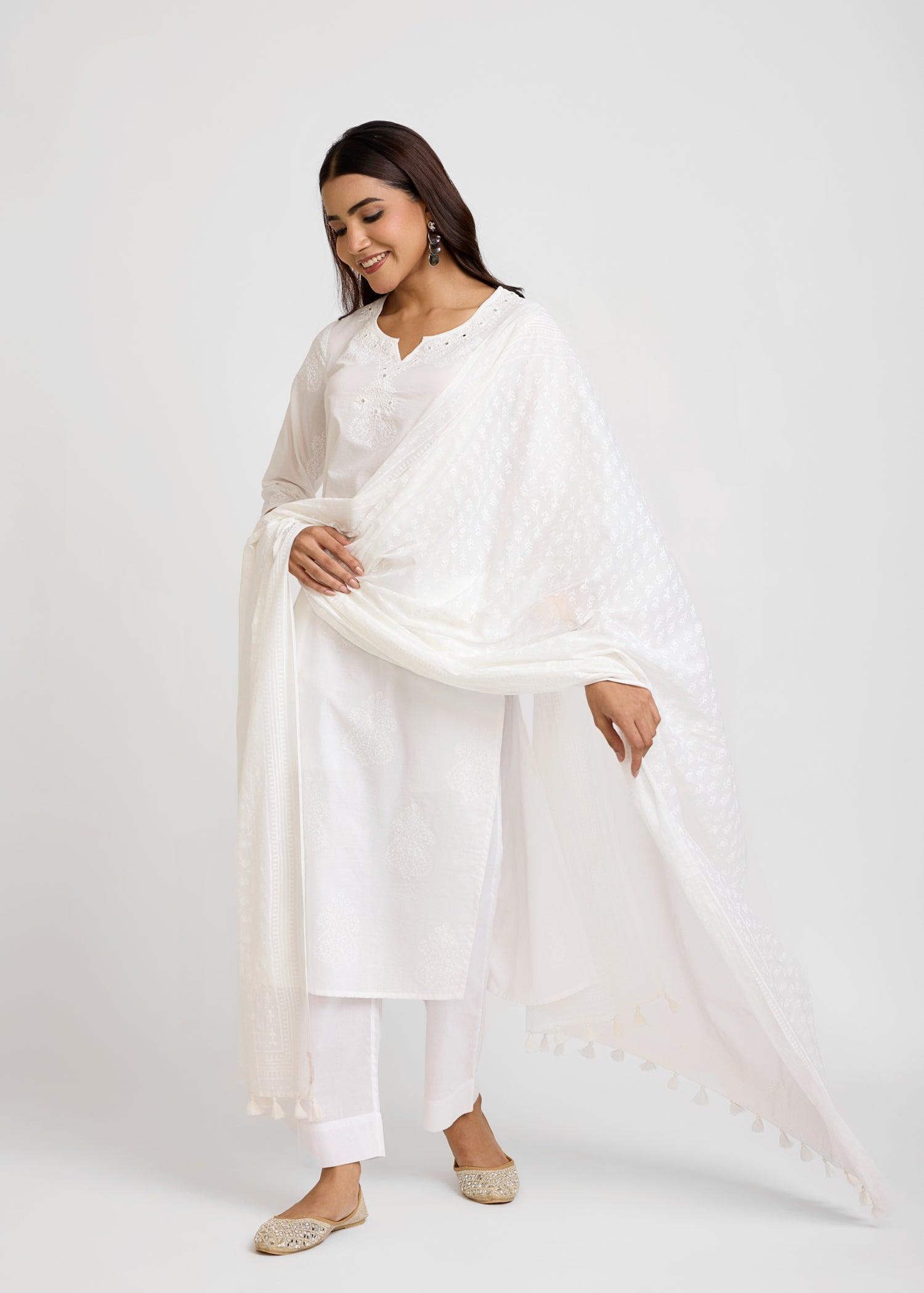 White Cotton Straight Kurta with Khadi Print & Embroidery