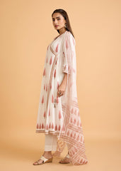 White & Peach Cotton Semi-Flared Kurta Set with Kota Doria Dupatta