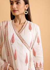 White & Peach Cotton Semi-Flared Kurta Set with Kota Doria Dupatta