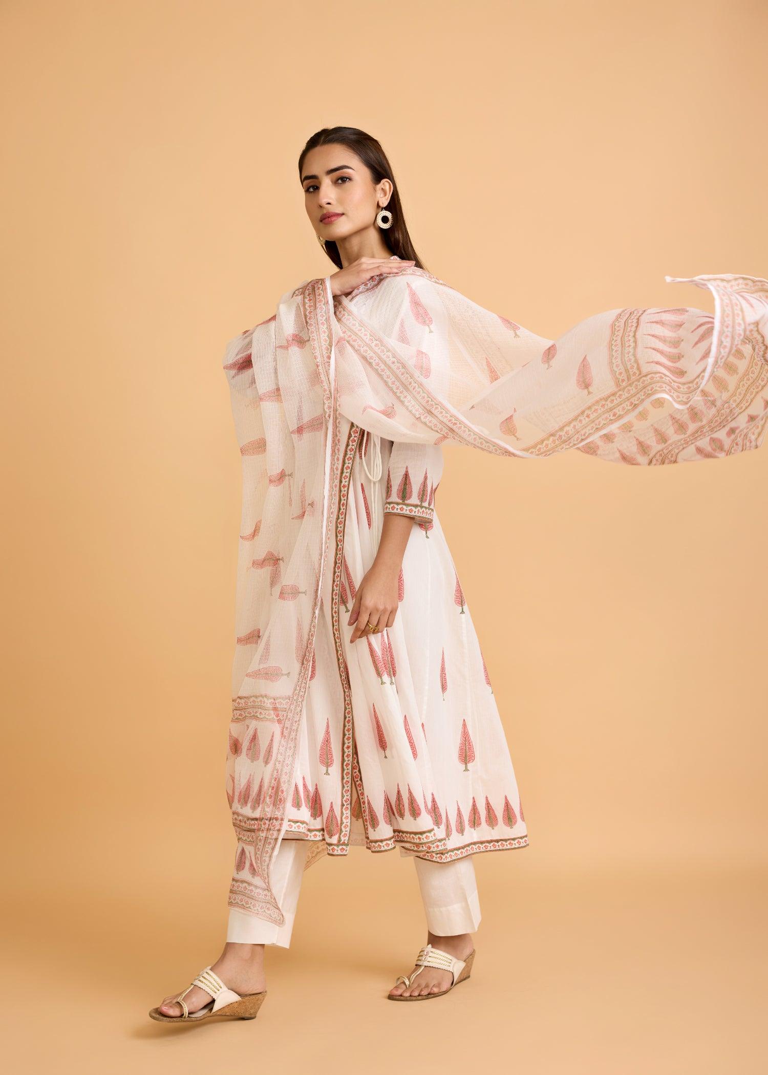 White & Peach Cotton Semi-Flared Kurta Set with Kota Doria Dupatta