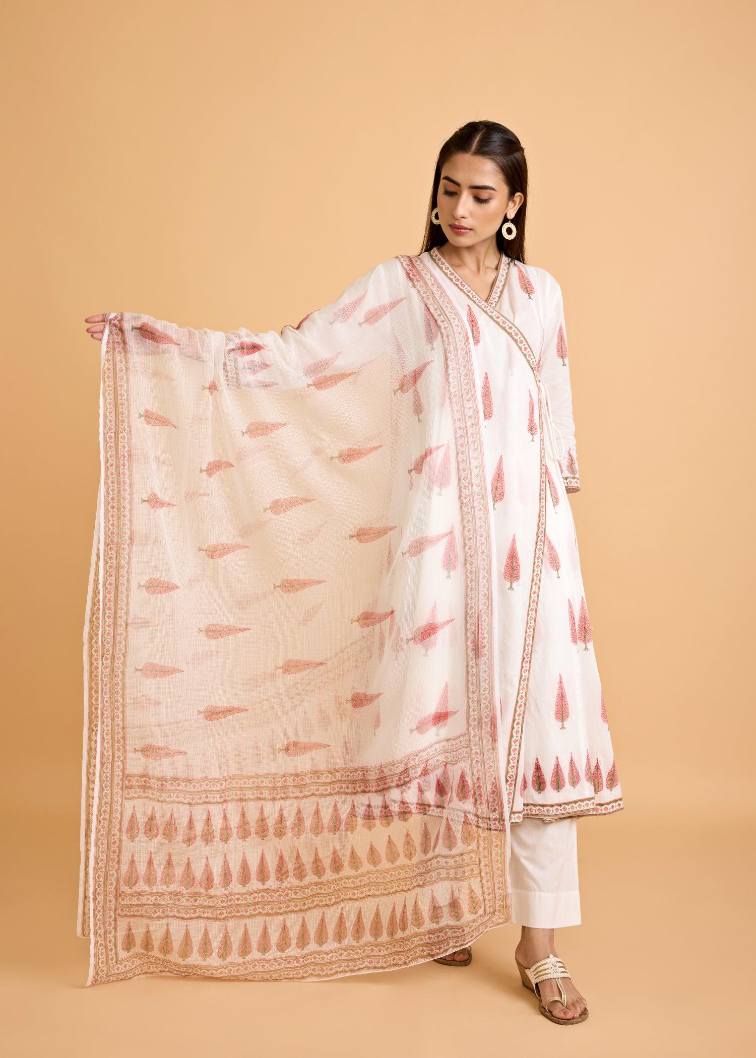 White & Peach Cotton Semi-Flared Kurta Set with Kota Doria Dupatta