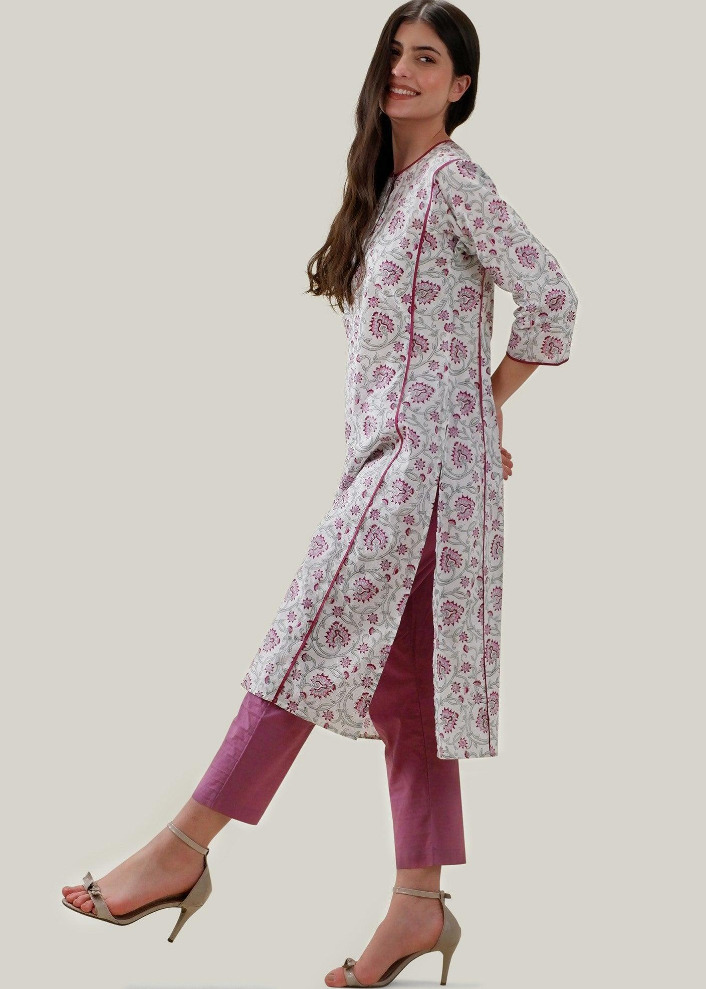 White & Pink Cotton Kurta with Chikankari Embroidery & Block Print