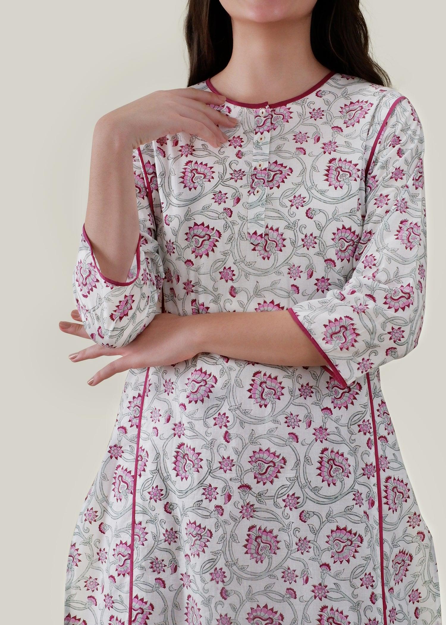 White & Pink Cotton Kurta with Chikankari Embroidery & Block Print