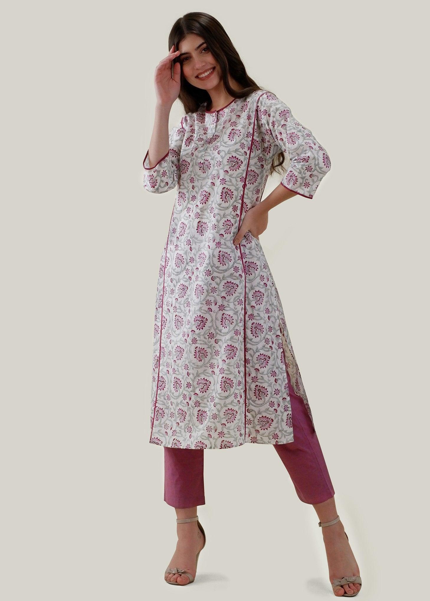 White & Pink Cotton Kurta with Chikankari Embroidery & Block Print