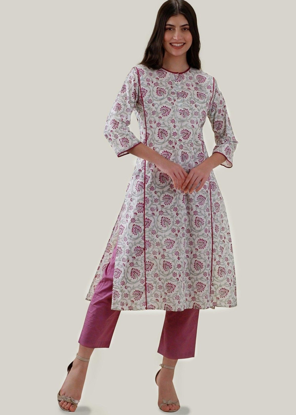 White & Pink Cotton Kurta with Chikankari Embroidery & Block Print