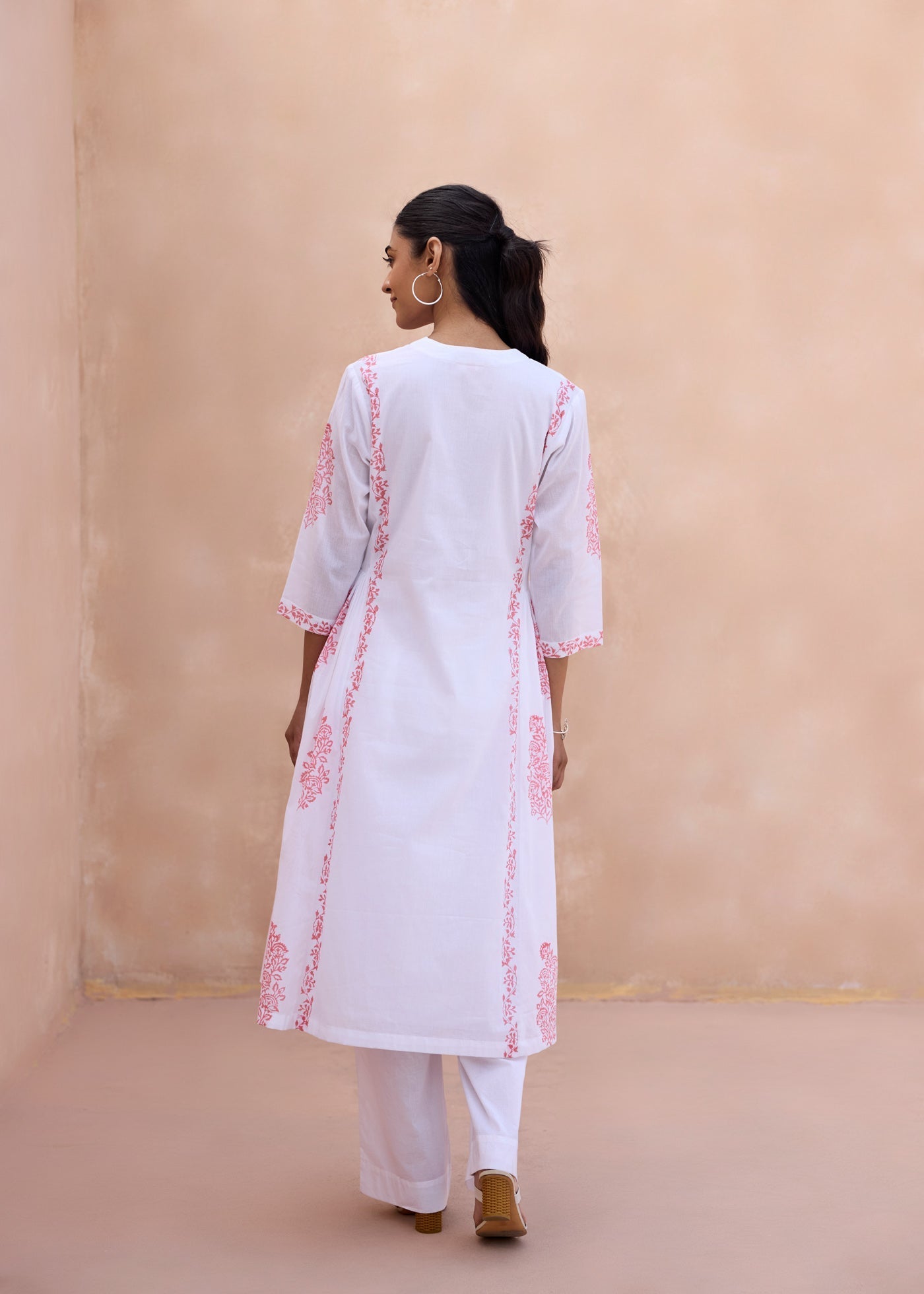 White & Pink Cotton Kurta with Handblock Buta Prints