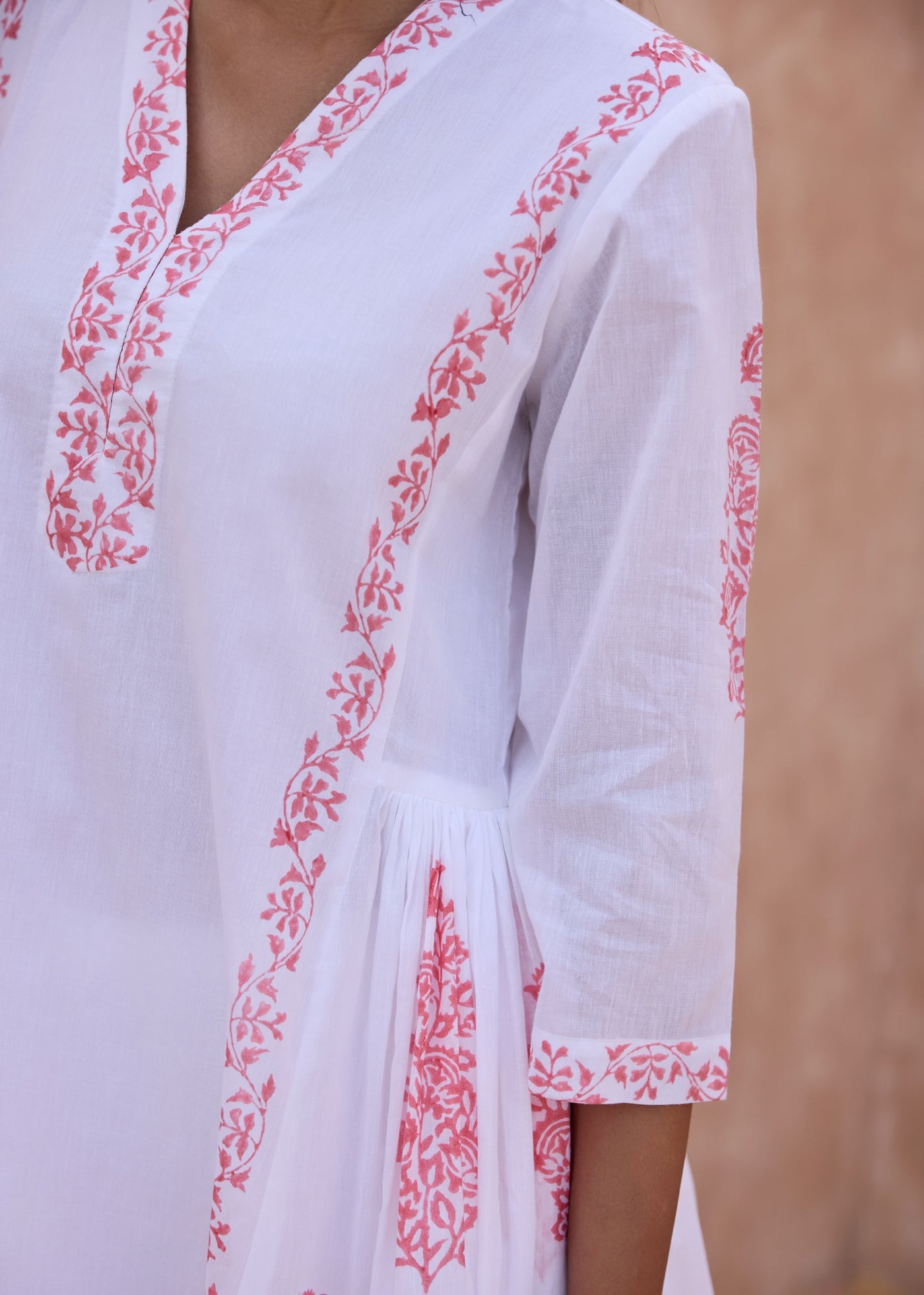 White & Pink Cotton Kurta with Handblock Buta Prints