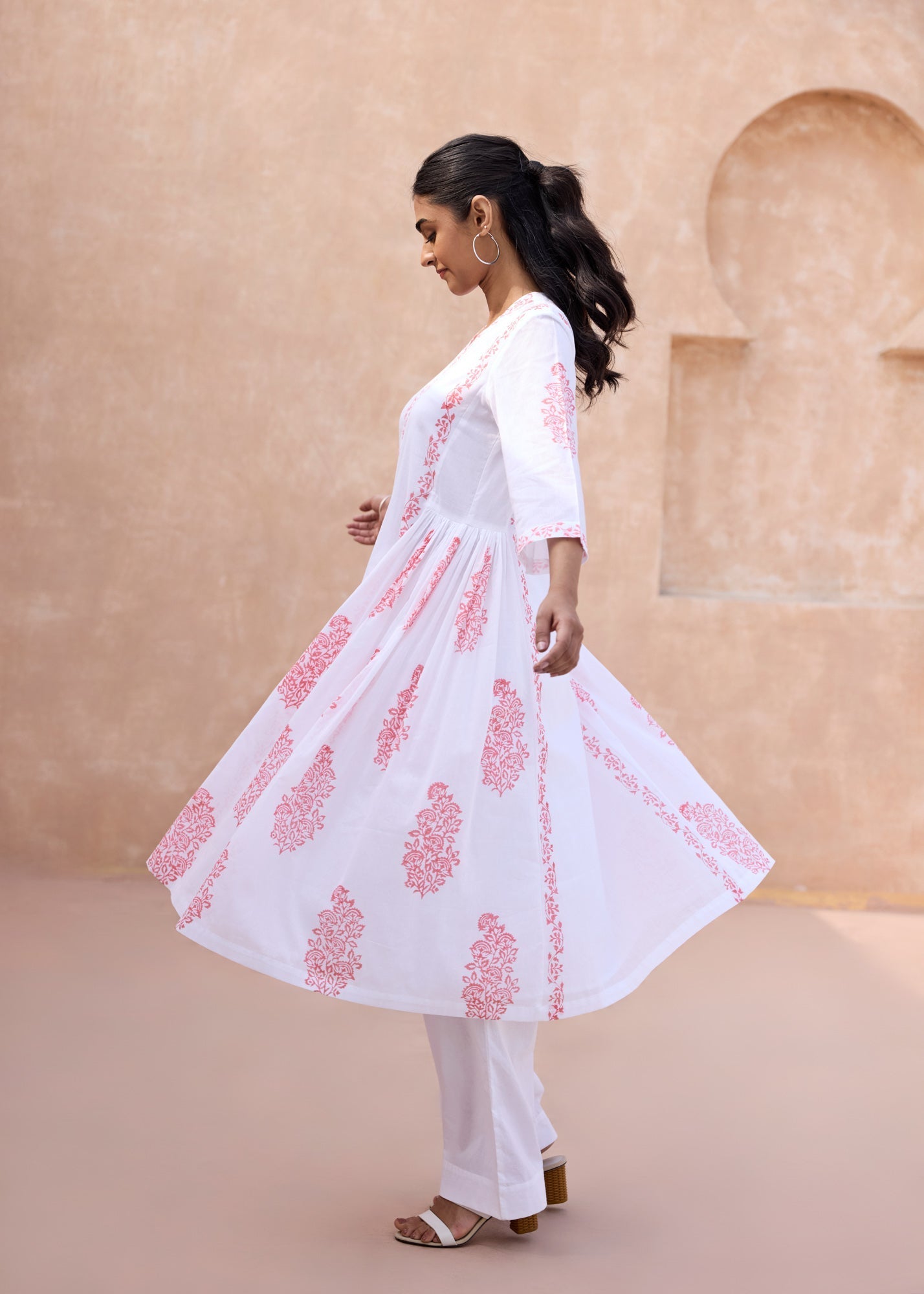 White & Pink Cotton Kurta with Handblock Buta Prints