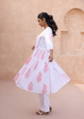 White & Pink Cotton Kurta with Handblock Buta Prints