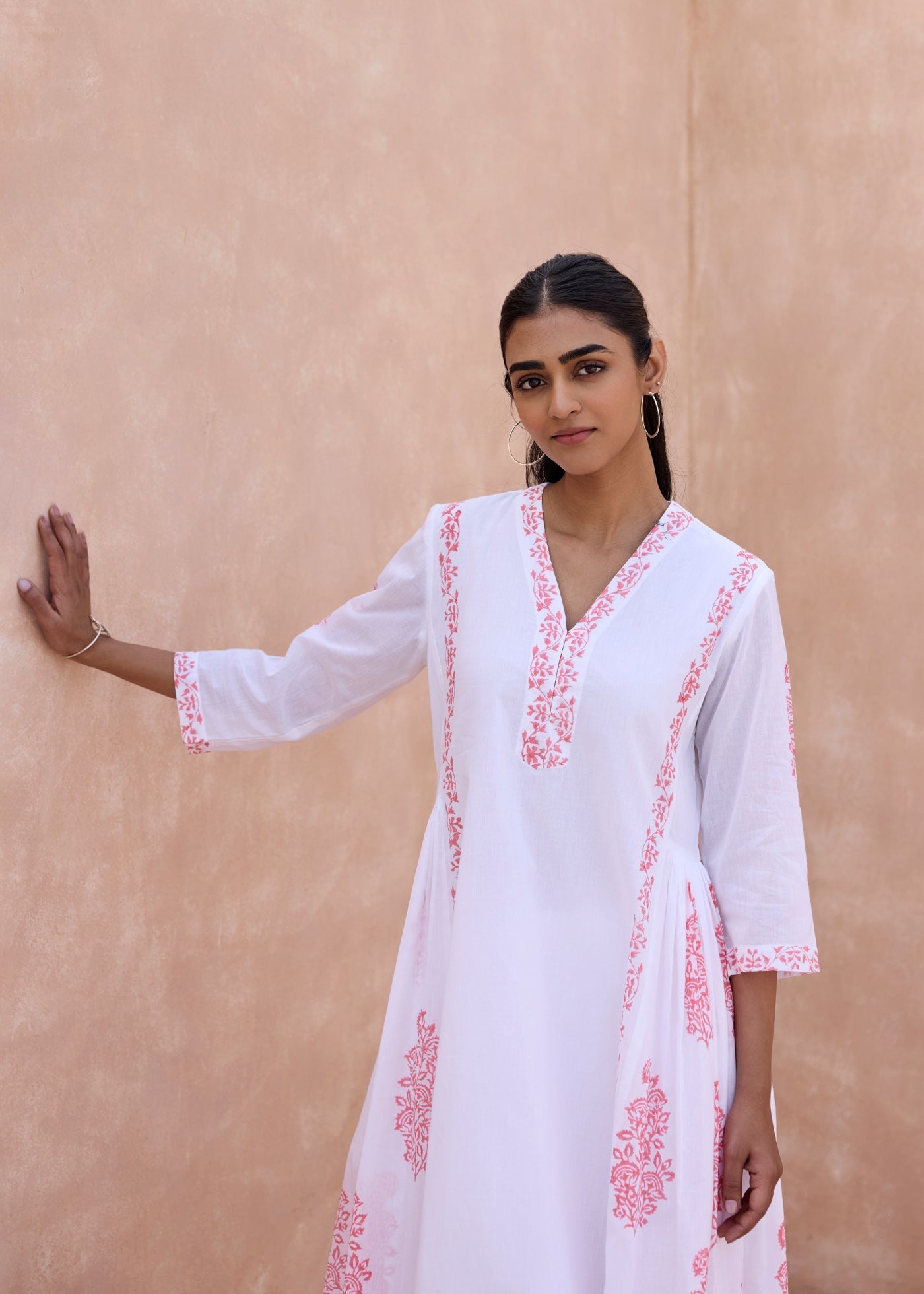 White & Pink Cotton Kurta with Handblock Buta Prints