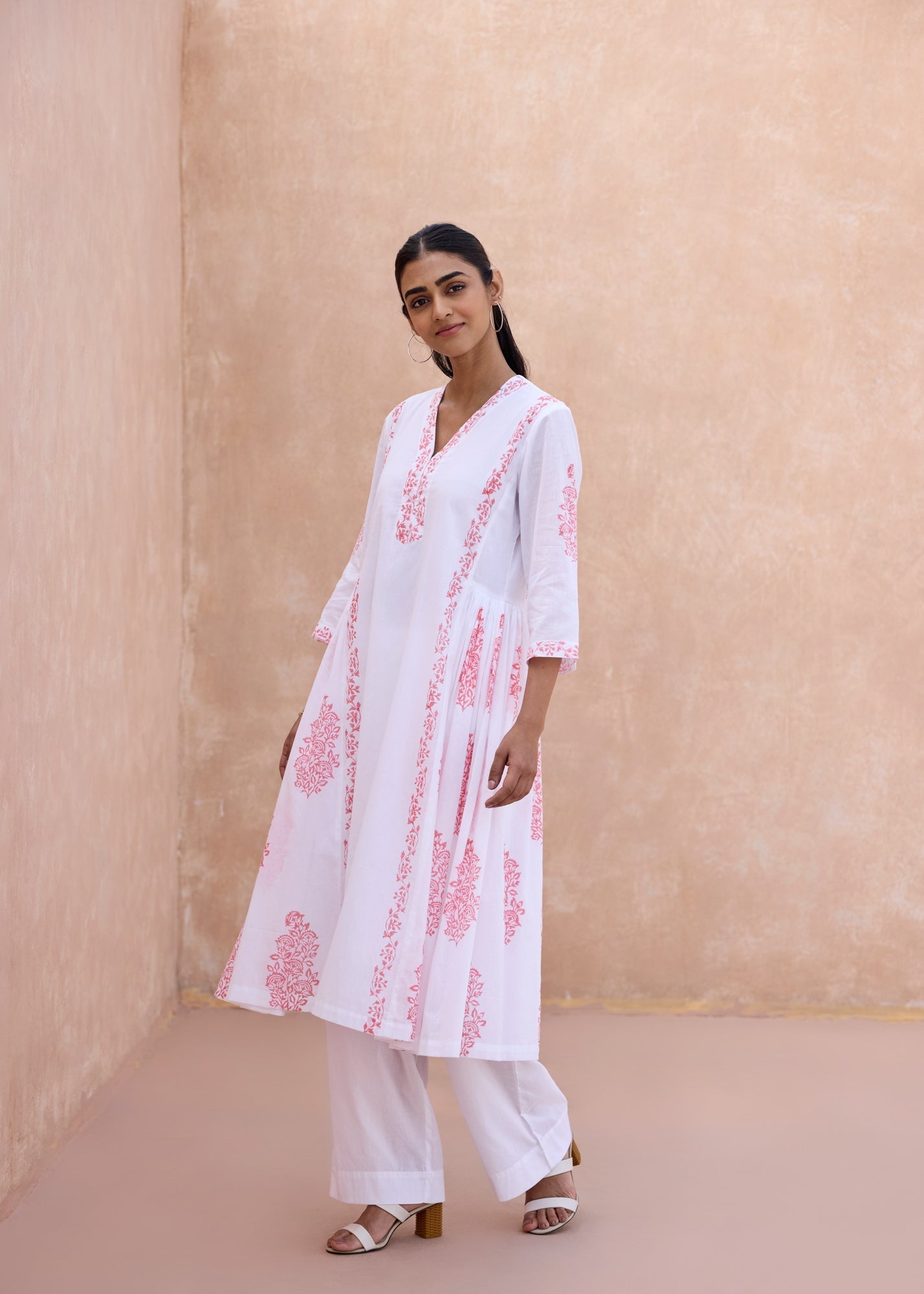 White & Pink Cotton Kurta with Handblock Buta Prints