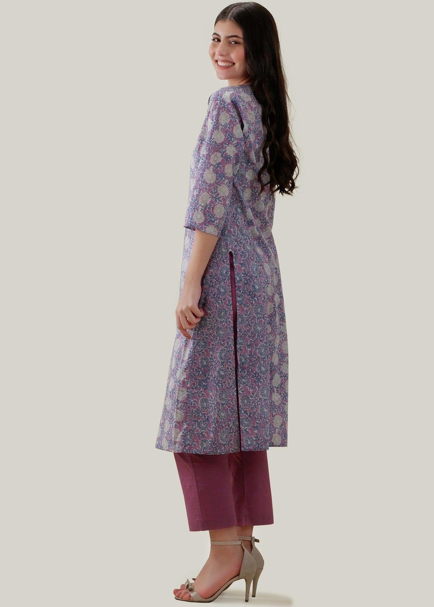 White & Purple Cotton Kurta with Chikankari Floral Embroidery & Block Print