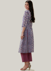 White & Purple Cotton Kurta with Chikankari Floral Embroidery & Block Print