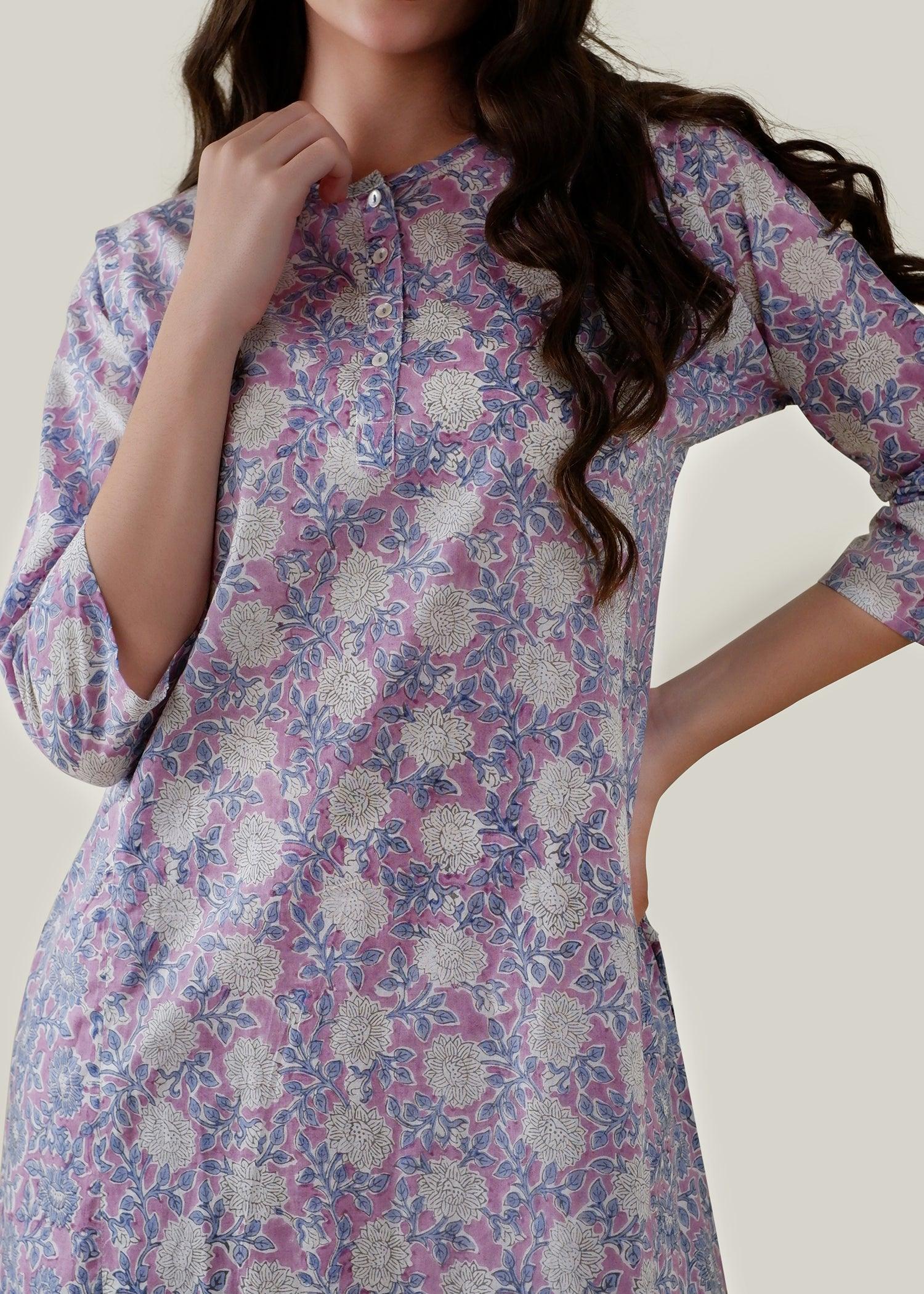White & Purple Cotton Kurta with Chikankari Floral Embroidery & Block Print