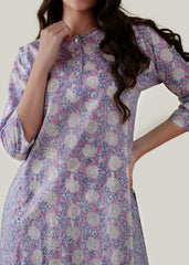 White & Purple Cotton Kurta with Chikankari Floral Embroidery & Block Print