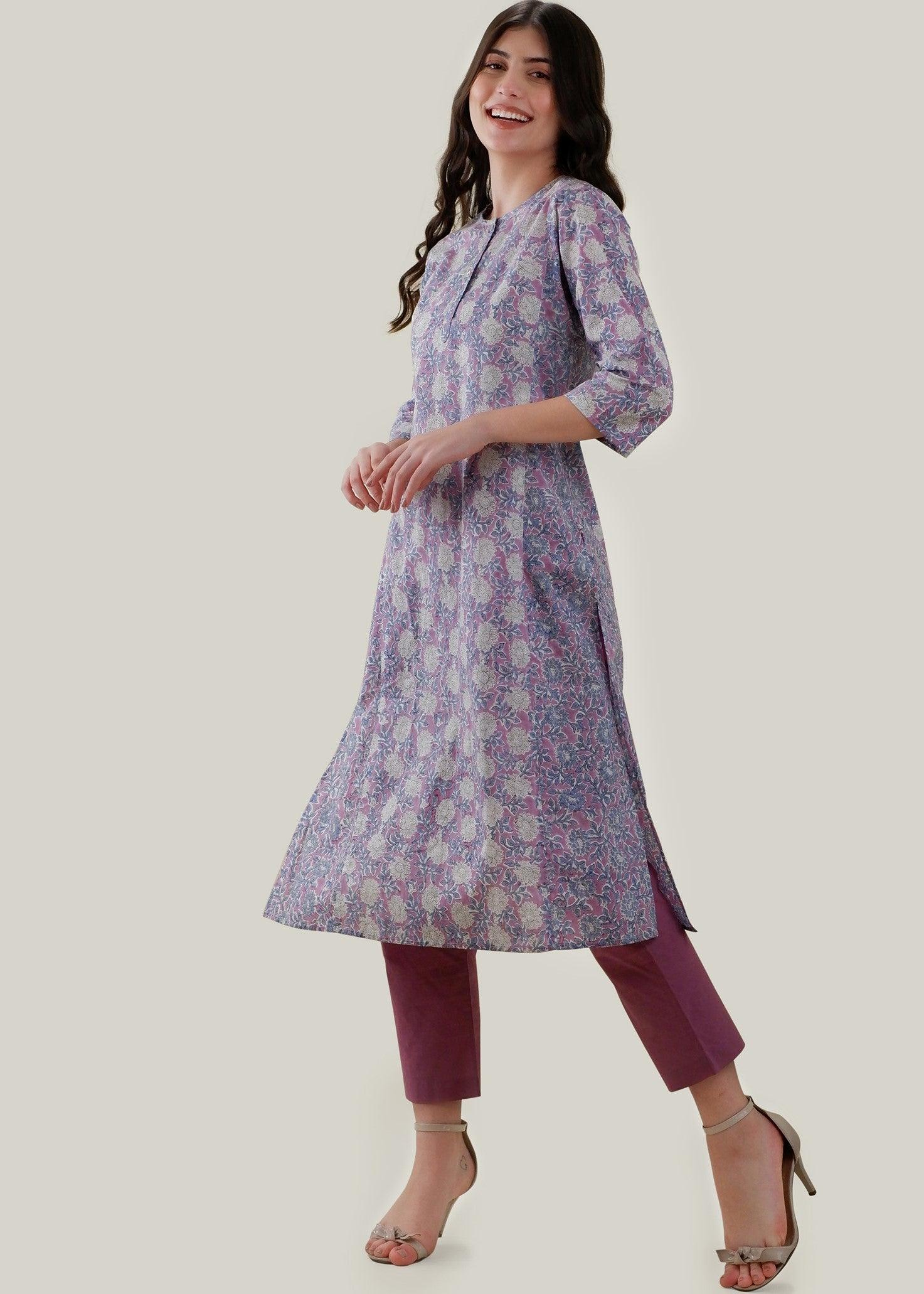 White & Purple Cotton Kurta with Chikankari Floral Embroidery & Block Print