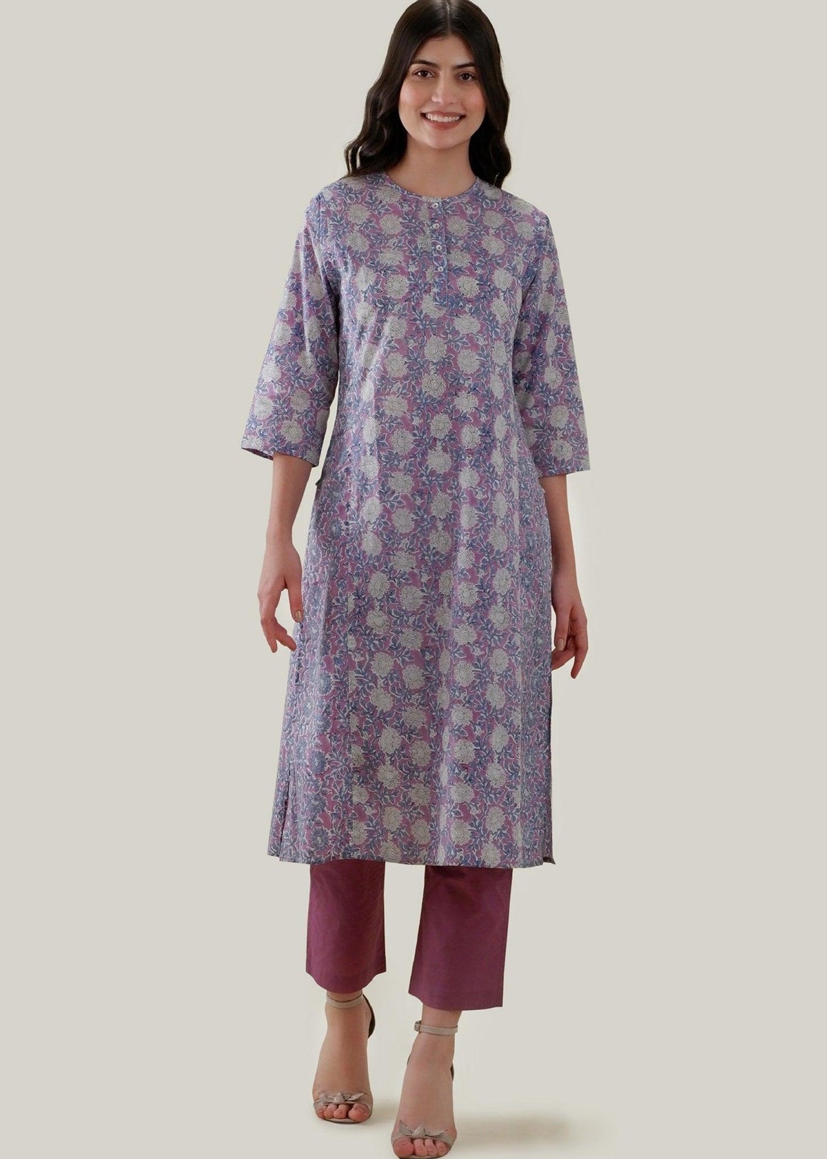 White & Purple Cotton Kurta with Chikankari Floral Embroidery & Block Print