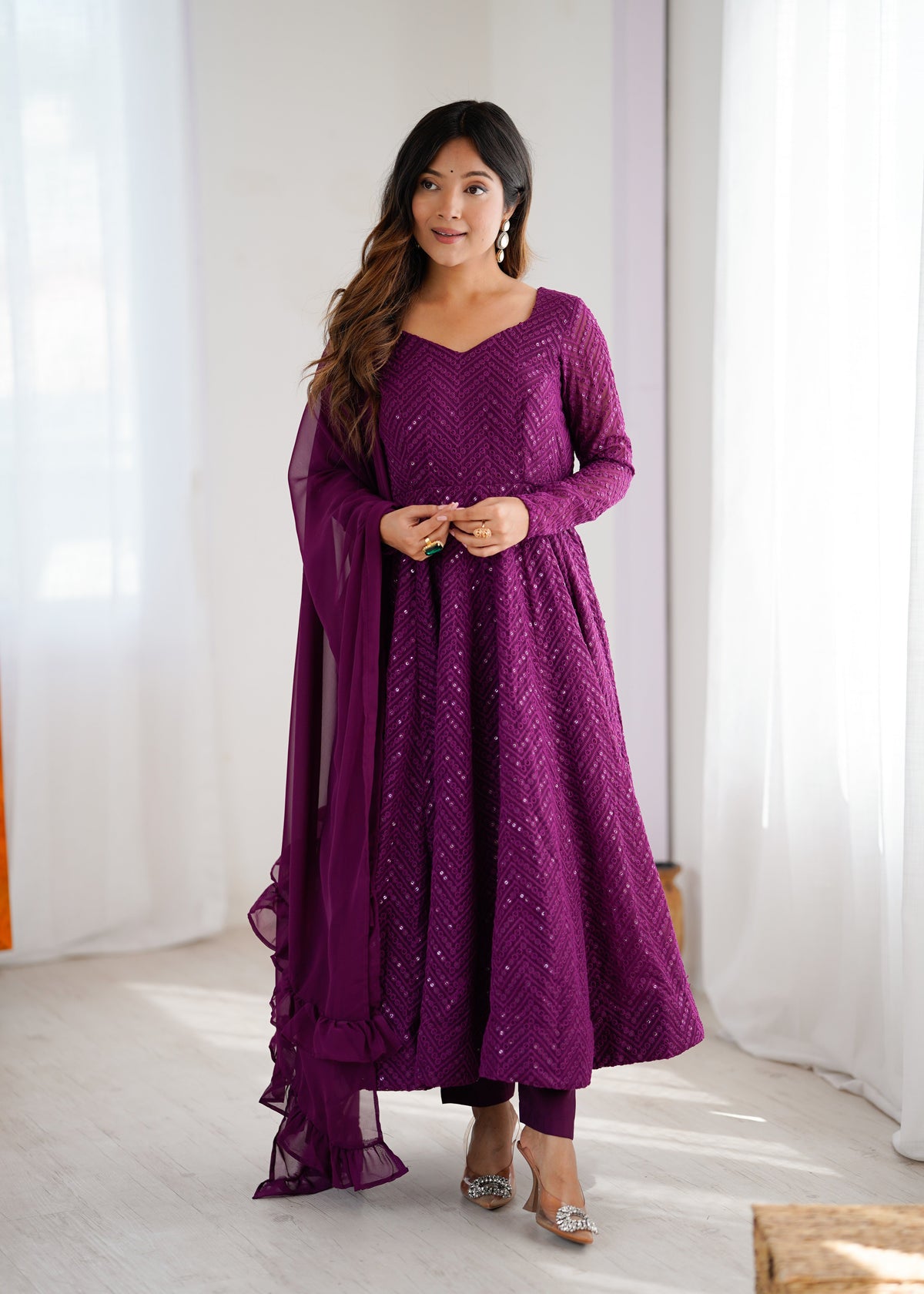 Wine Georgette Anarkali Suit with Lucknowi Embroidery & Ruffle Dupatta