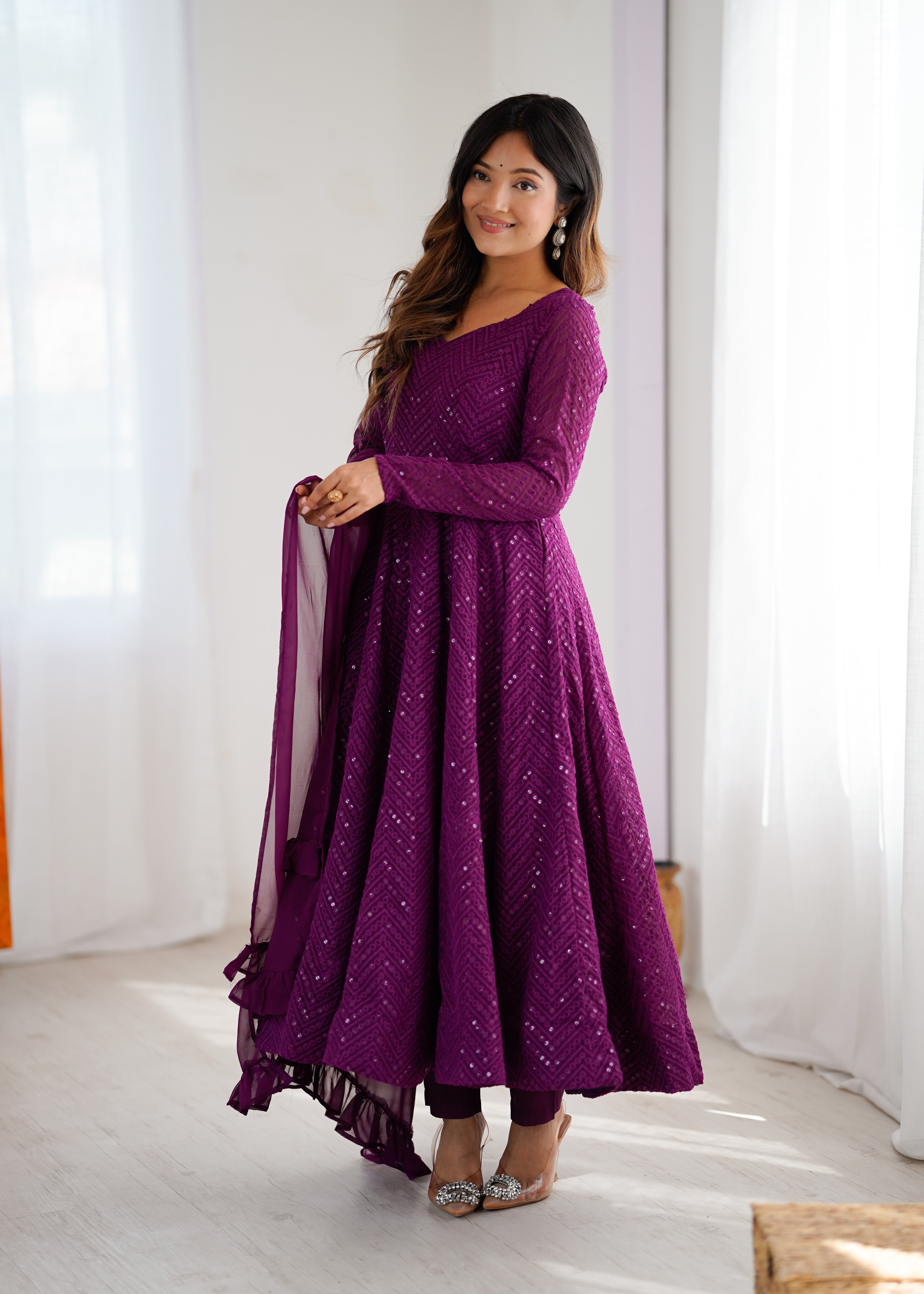 Wine Georgette Anarkali Suit with Lucknowi Embroidery & Ruffle Dupatta