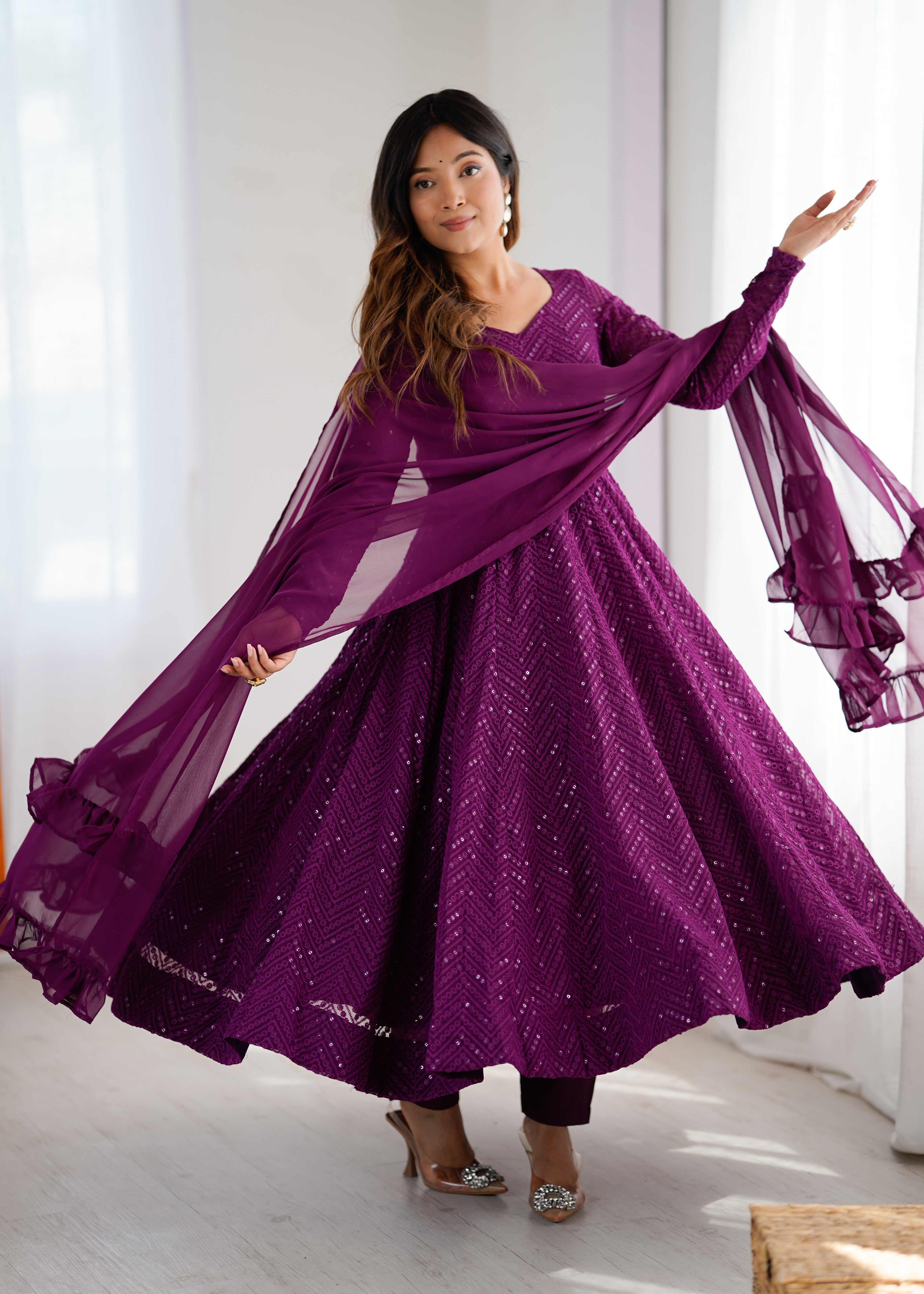 Wine Georgette Anarkali Suit with Lucknowi Embroidery & Ruffle Dupatta
