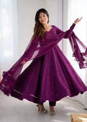 Wine Georgette Anarkali Suit with Lucknowi Embroidery & Ruffle Dupatta