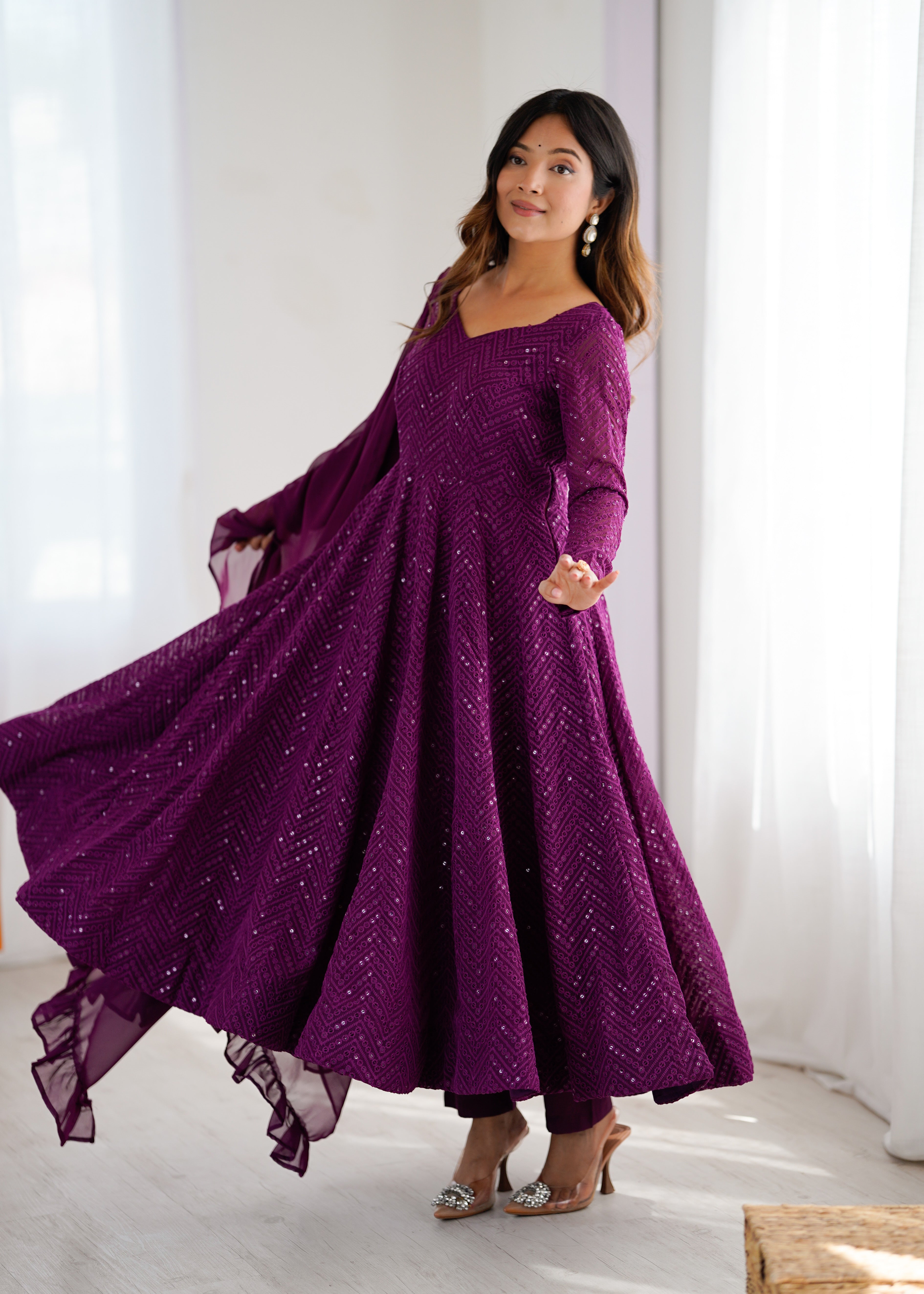 Wine Georgette Anarkali Suit with Lucknowi Embroidery & Ruffle Dupatta