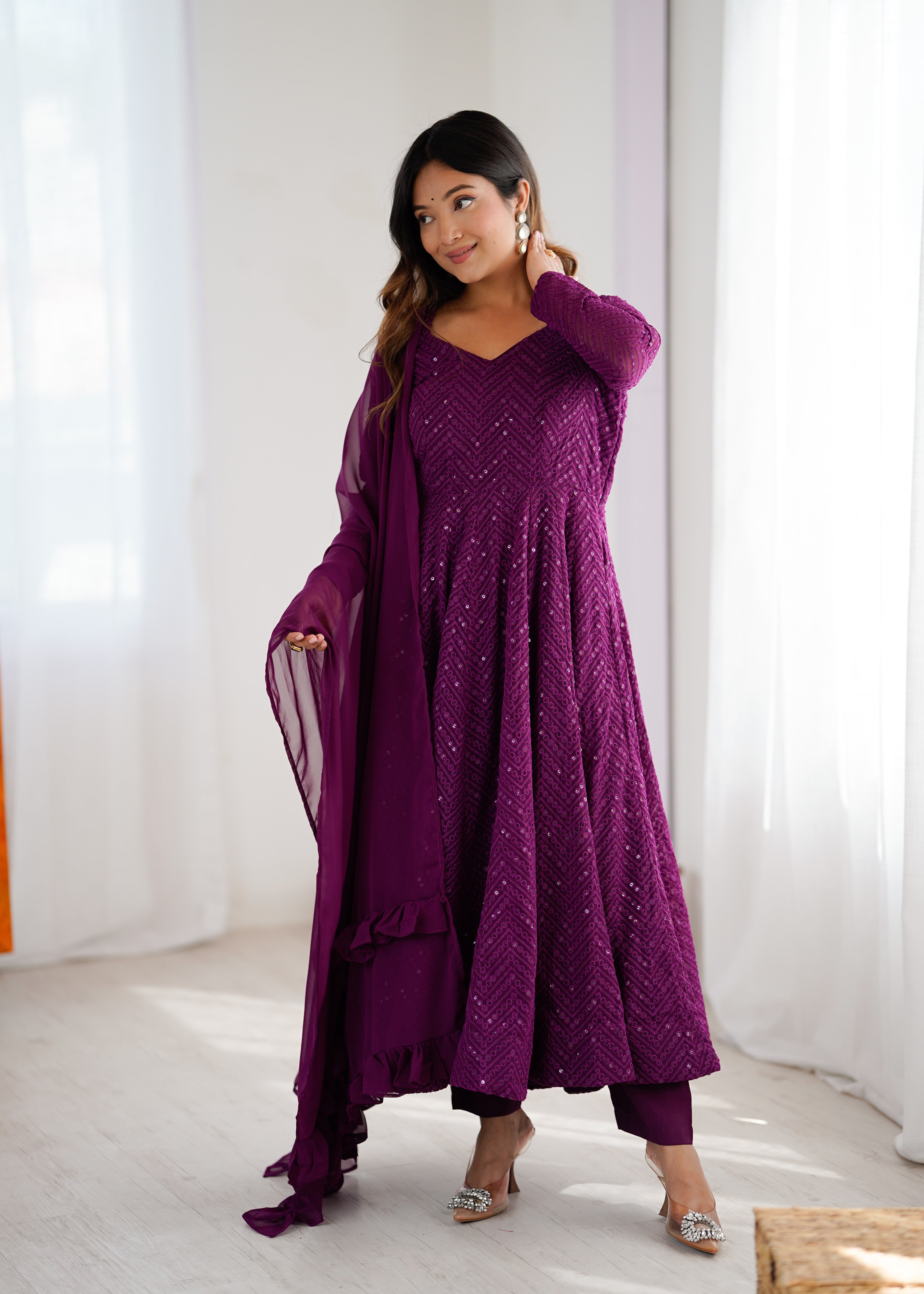 Wine Georgette Anarkali Suit with Lucknowi Embroidery & Ruffle Dupatta