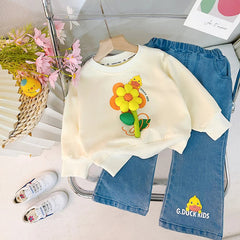 3D Flower Girls Sweatshirt & Denim Set – Soft Cotton Kids Outfit