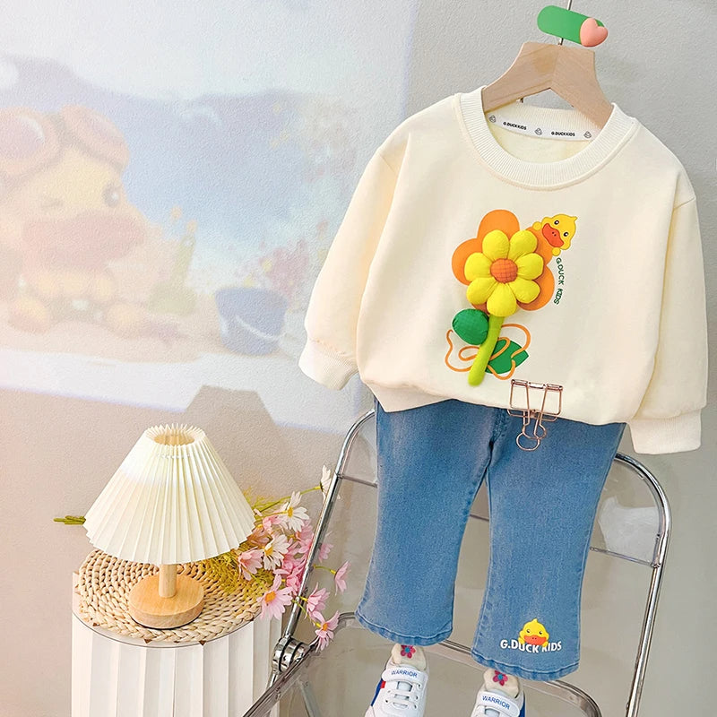 3D Flower Girls Sweatshirt & Denim Set – Soft Cotton Kids Outfit