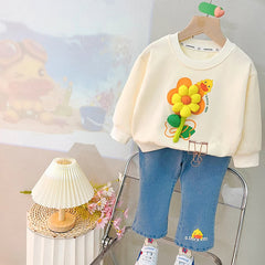 3D Flower Girls Sweatshirt & Denim Set – Soft Cotton Kids Outfit