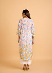 Yellow & Blue Cotton Kurta with Multicolor Rose Block Print