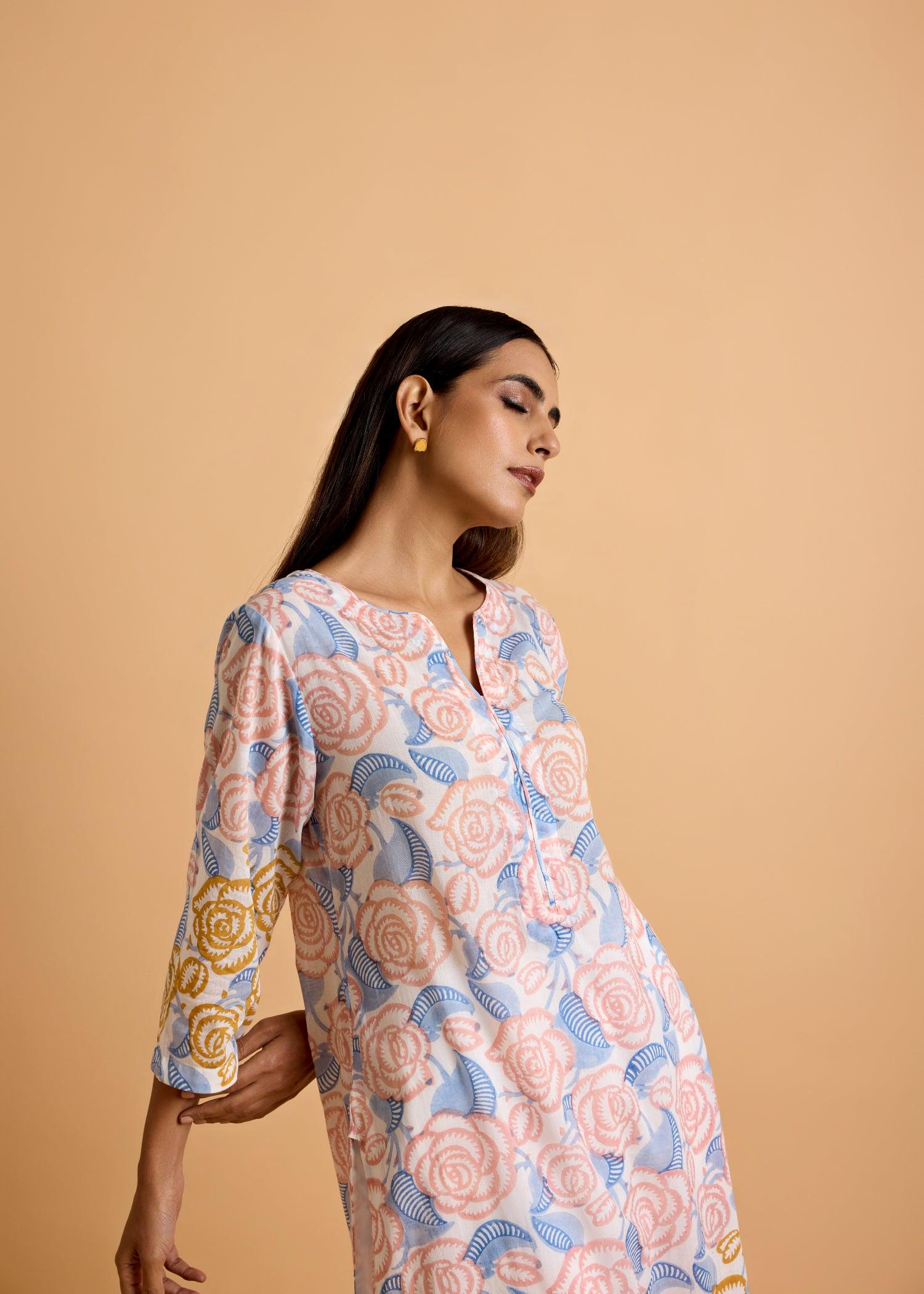 Yellow & Blue Cotton Kurta with Multicolor Rose Block Print