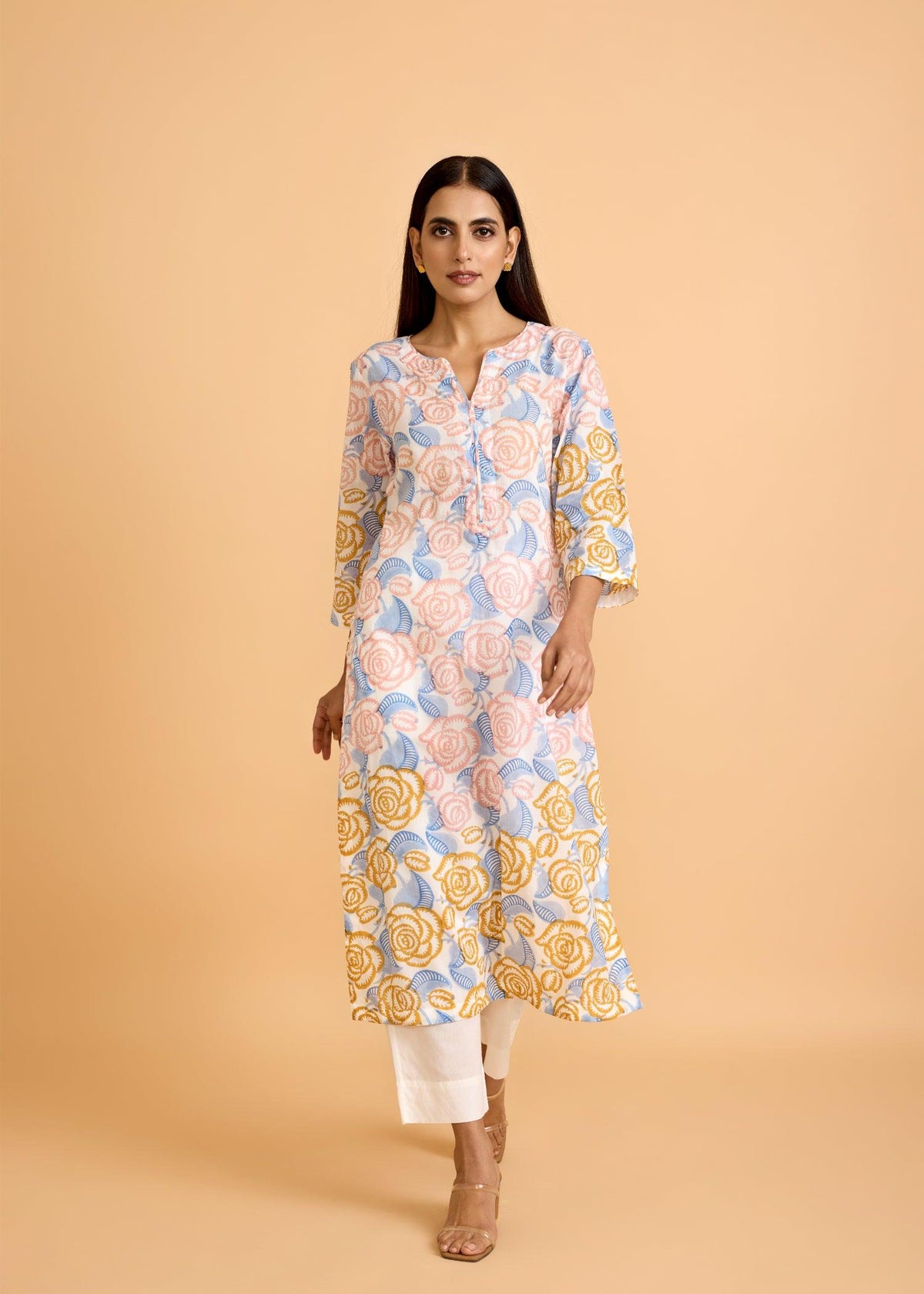 Yellow & Blue Cotton Kurta with Multicolor Rose Block Print