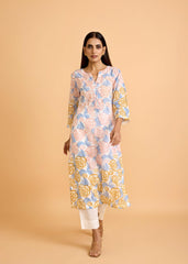Yellow & Blue Cotton Kurta with Multicolor Rose Block Print