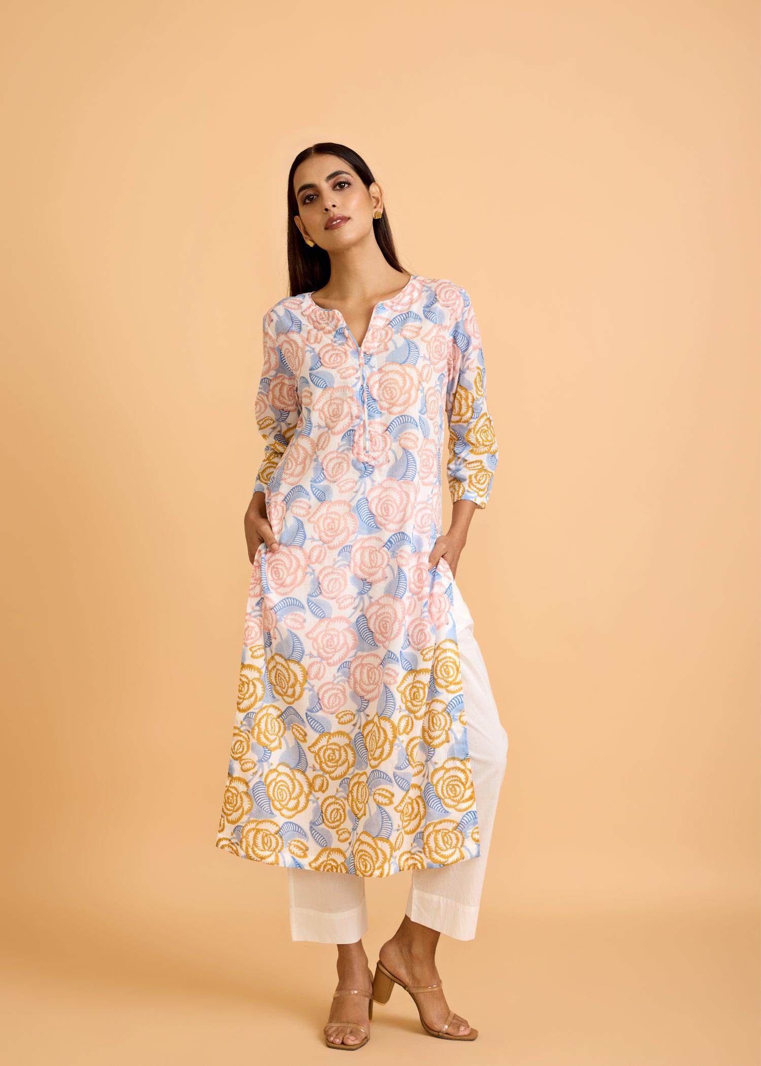 Yellow & Blue Cotton Kurta with Multicolor Rose Block Print