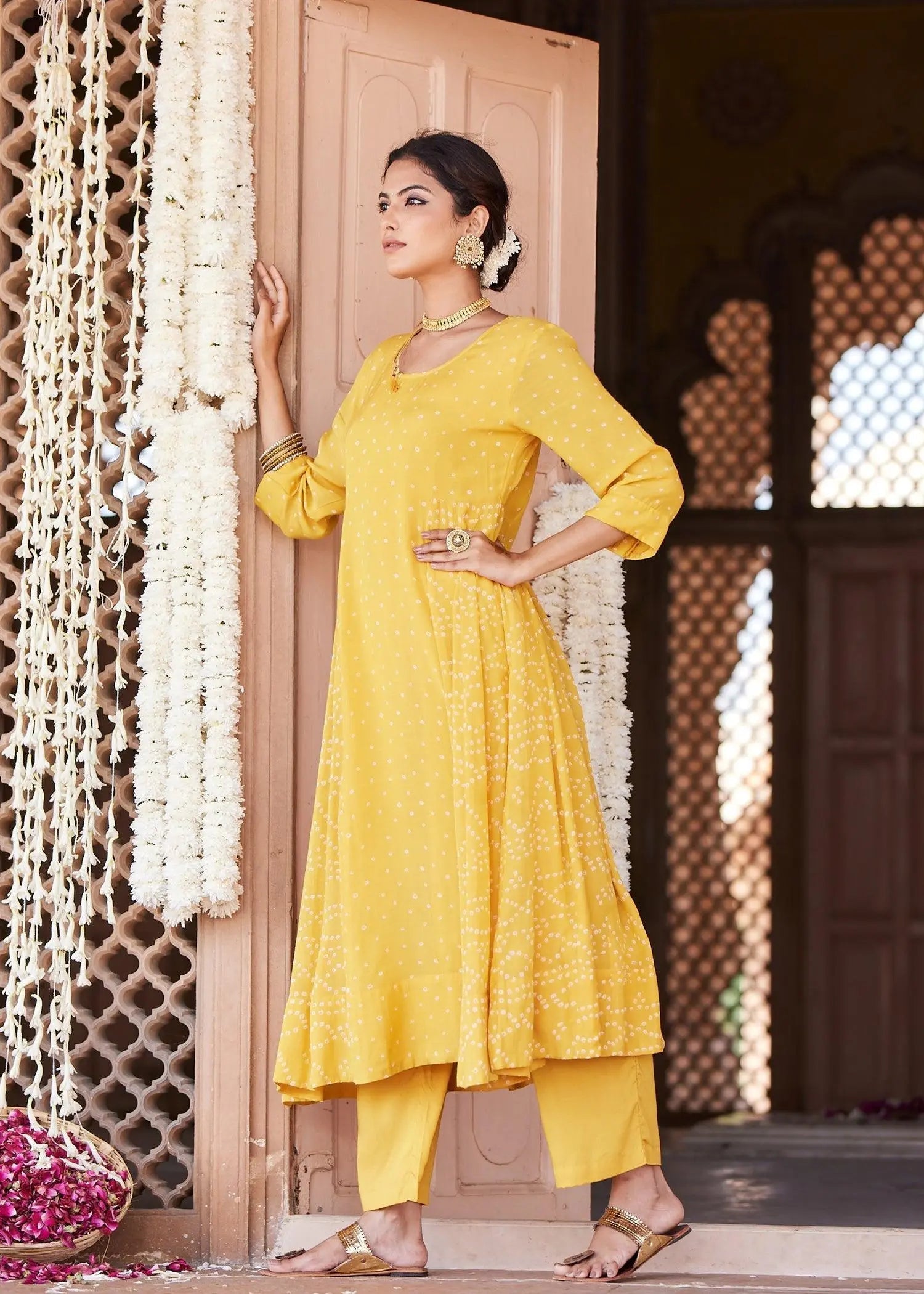 Yellow Cotton Flared Kurta with Classic Bandhej Print