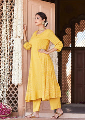 Yellow Cotton Flared Kurta with Classic Bandhej Print