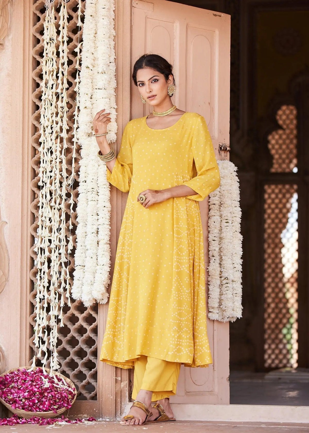 Yellow Cotton Flared Kurta with Classic Bandhej Print