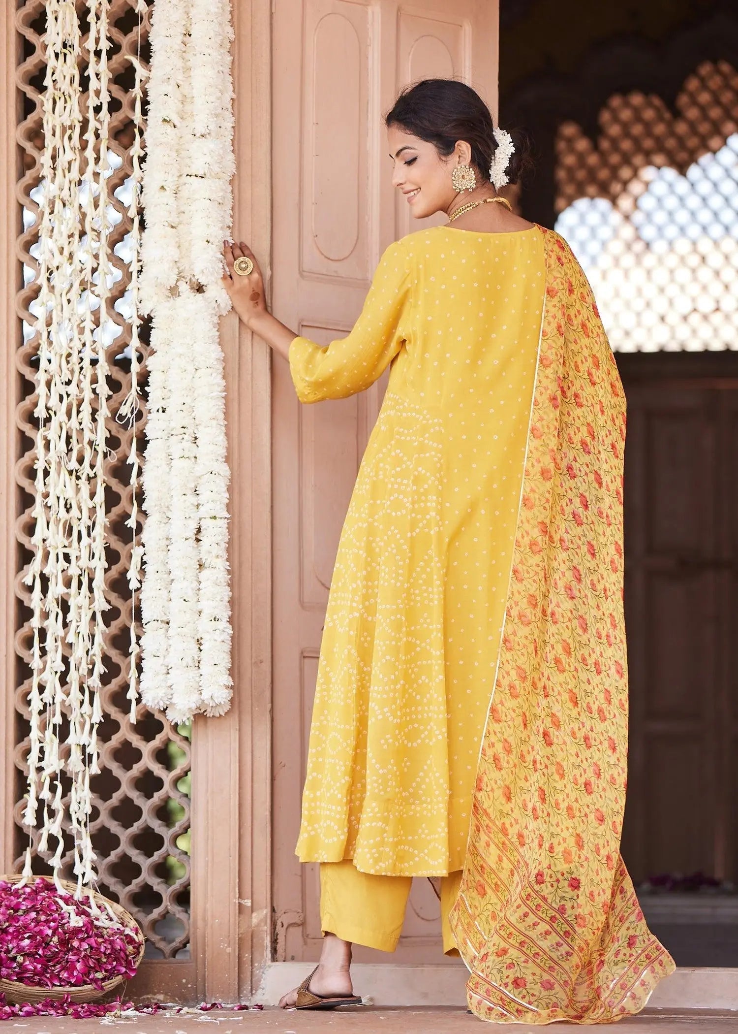 Yellow Cotton Flared Kurta with Classic Bandhej Print