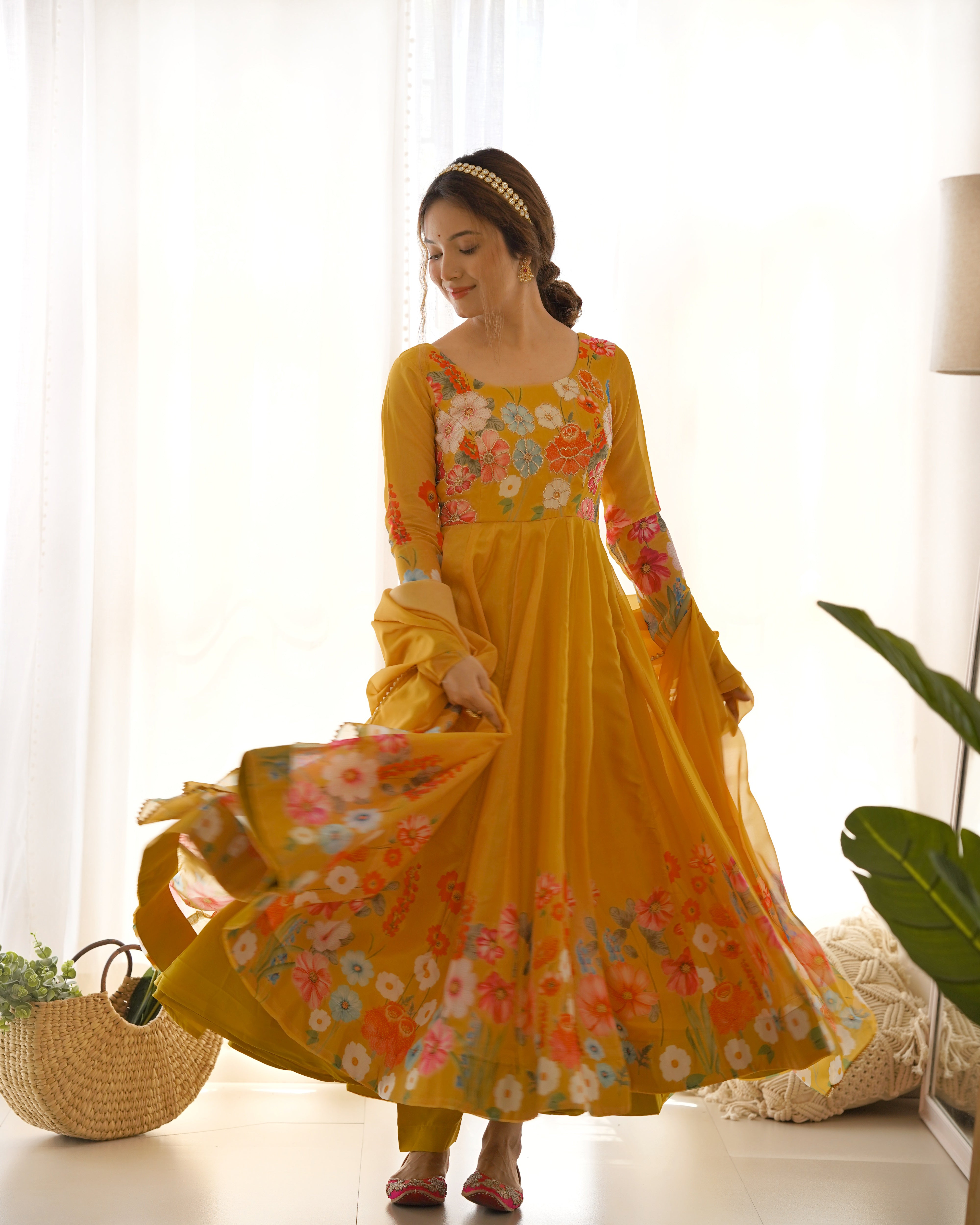 Yellow Floral Organza Silk Anarkali Set with Gota Patti Dupatta