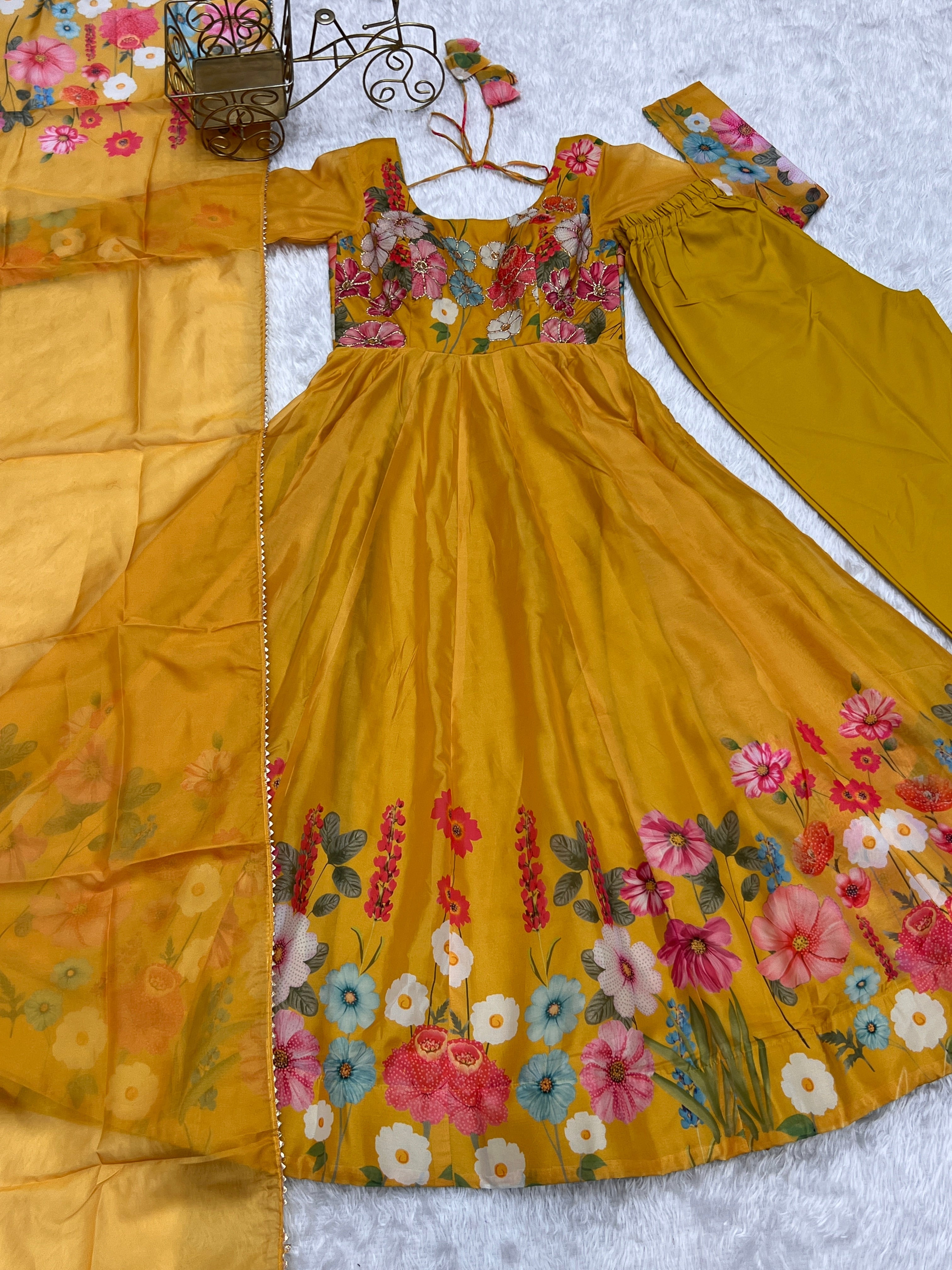 Yellow Floral Organza Silk Anarkali Set with Gota Patti Dupatta