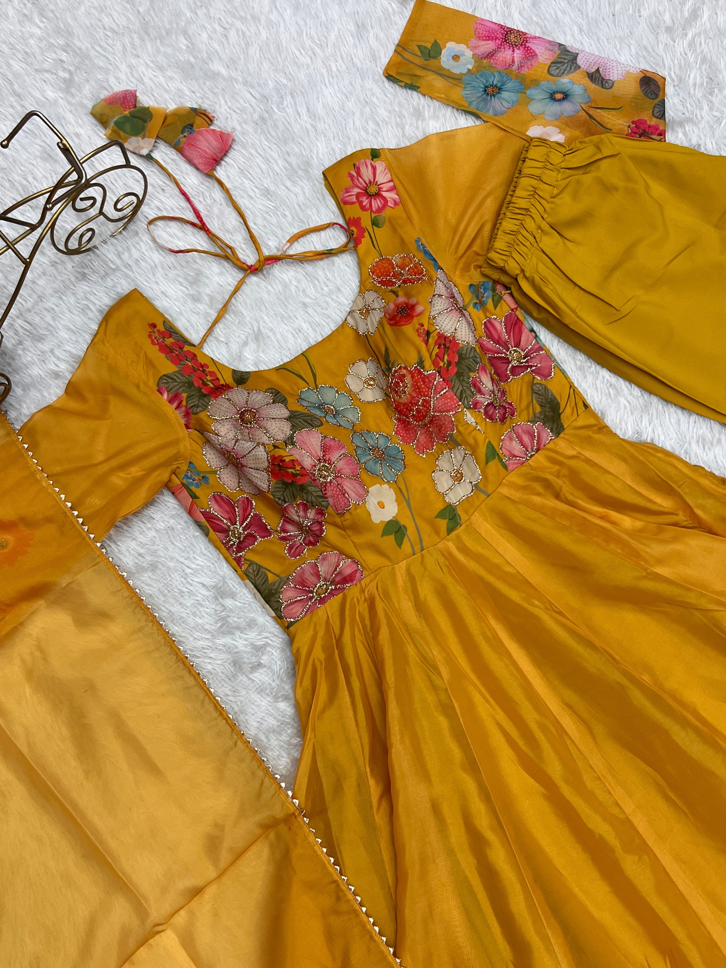 Yellow Floral Organza Silk Anarkali Set with Gota Patti Dupatta