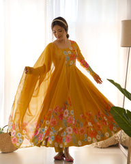 Yellow Floral Organza Silk Anarkali Set with Gota Patti Dupatta