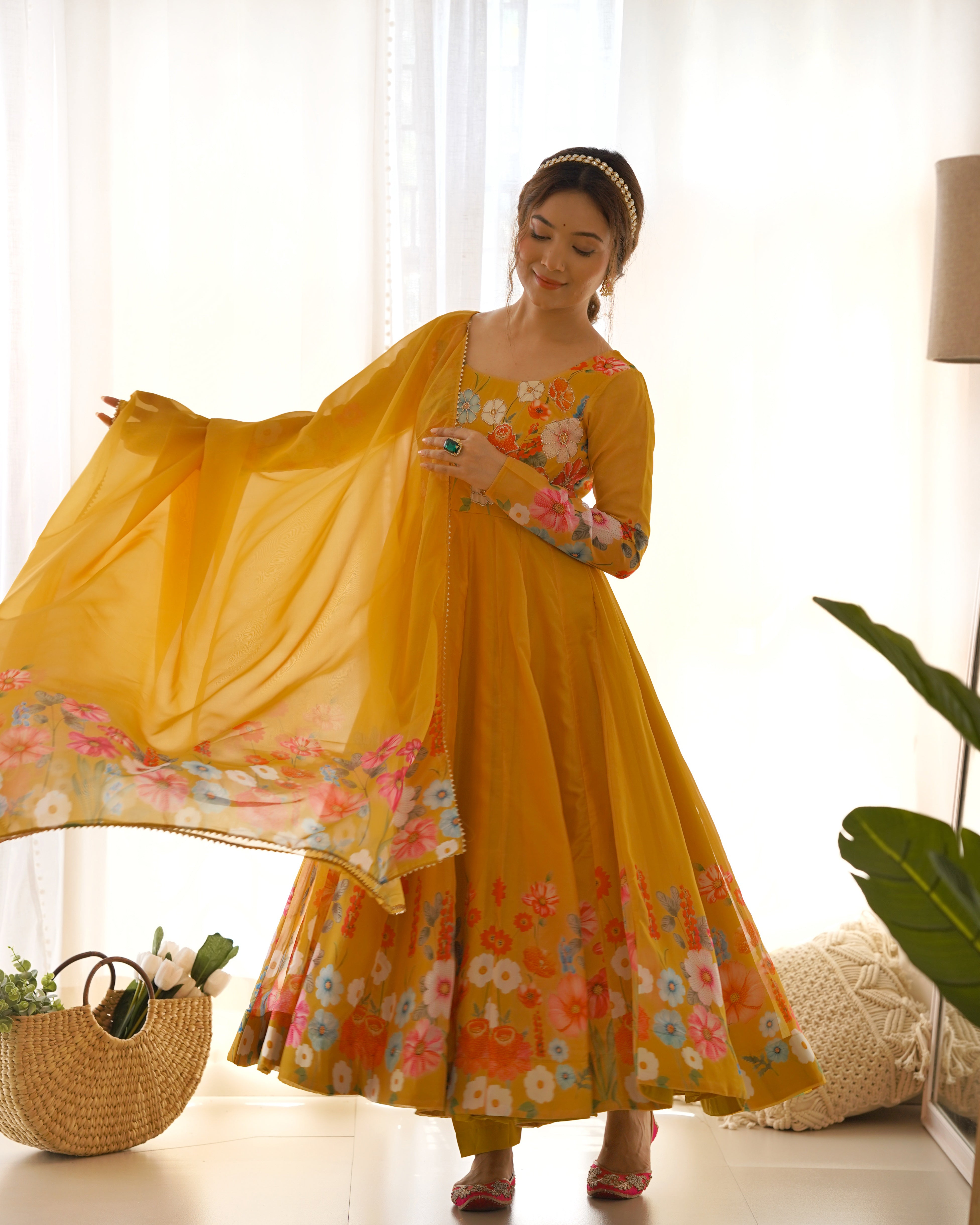 Yellow Floral Organza Silk Anarkali Set with Gota Patti Dupatta