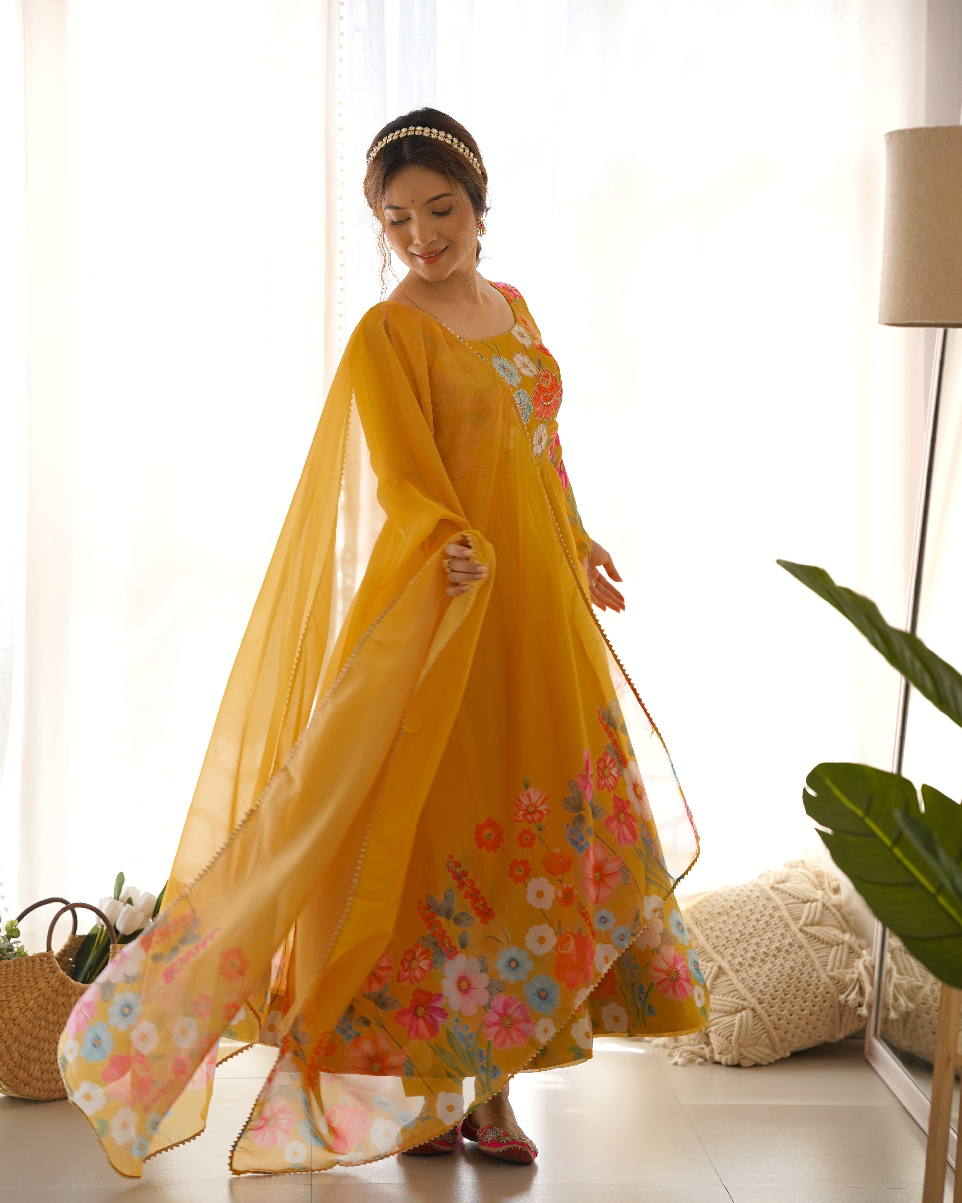 Yellow Floral Organza Silk Anarkali Set with Gota Patti Dupatta