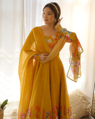 Yellow Floral Organza Silk Anarkali Set with Gota Patti Dupatta